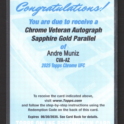 2025 Topps Chrome UFC Sapphire Andre Muniz #CVA-AZ Gold Redemption Auto /50