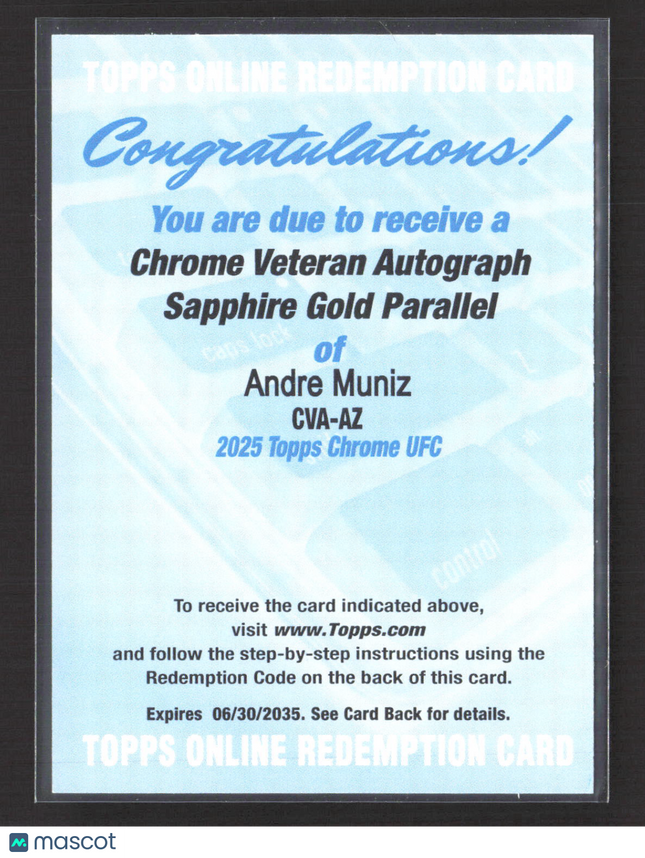 2025 Topps Chrome UFC Sapphire Andre Muniz #CVA-AZ Gold Redemption Auto /50