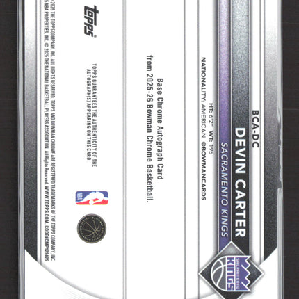 2025 Topps Bowman Chrome Devin Carter #BCA-DC Speckle Refractor 025/100 Auto