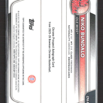 2025 Bowman Chrome University Niko Bundalo #CPA-NB 1st Bowman Auto