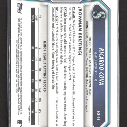 2026 Bowman Chrome Ricardo Cova #BCP-94 Purple Reptilian Refractor 002/199