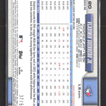 2026 Topps Series One Dugout Peeks Vladimir Guerrero Jr. #20 Gold /50
