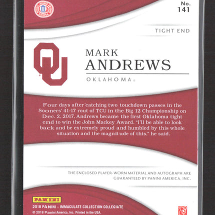 2018 Panini Immaculate Collection Collegiate Mark Andrews #141 Patch RC /99 Auto
