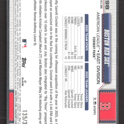 2026 Topps Series One Boston Red Sox #198 Yellow /399