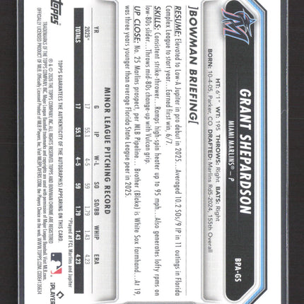 2026 Topps Bowman Chrome Grant Shepardson #BPA-GS Gold /50 Auto