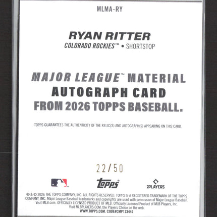 2026 Topps Major League Material Ryan Ritter #MLMA-RY 22/50 RC Patch Auto