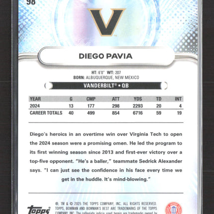 2025 Topps Bowman Best University Diego Pavia #98 Orange /25