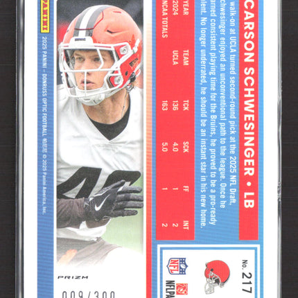 2025 Panini Donruss Optic Prizm Carson Schwesinger #217 009/300 Wave