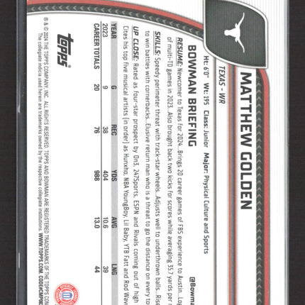 2024 Bowman Chrome University Matthew Golden #129 Gold Sapphire 24/50