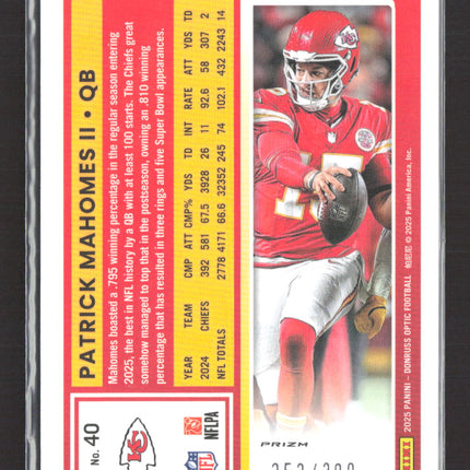 2025 Panini Donruss Optic Prizm Patrick Mahomes II #40 252/300 Wave
