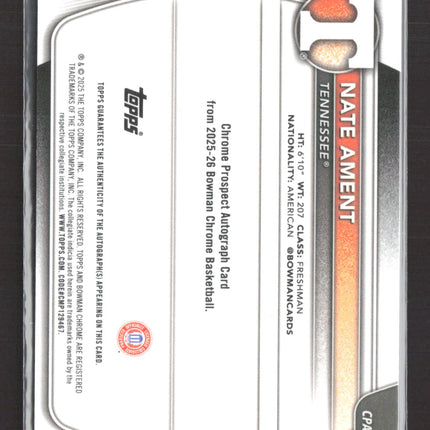 2025 Topps Bowman Chrome Nate Ament #CPA-NA Chrome Prospect Autograph Card Auto