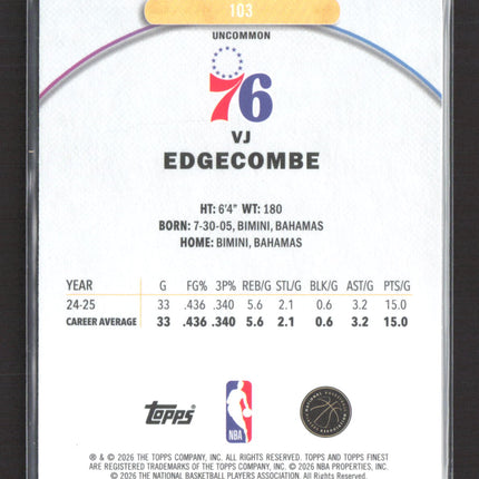 2026 Topps Finest VJ Edgecombe #103 Purple RC 113/200