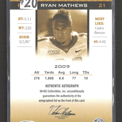 2010 SAGE HIT Ryan Mathews #21 Auto