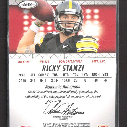 2011 SAGE HIT Ricky Stanzi #A62 Authentic Autograph Auto