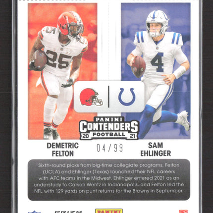 2021 Contenders Optic Round Numbers Demetric Felton Sam Ehlinger Blue 04/99