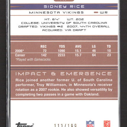 2007 Topps Performance Sidney Rice #117 RC 113/199