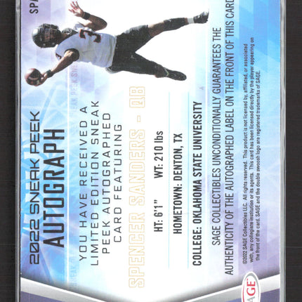 2022 SAGE Sneak Peek Spencer Sanders #SPA-SS Auto