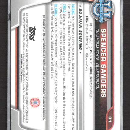 2022 Bowman University Spencer Sanders #81 1st Bowman Auto