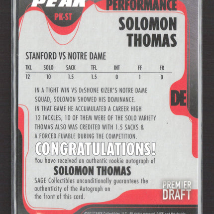 2017 SAGE Hit Peak Performance Premier Draft Solomon Thomas #PK-ST Auto