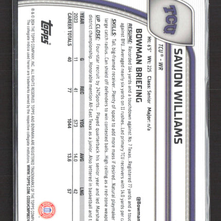2024 Bowman Chrome University Savion Williams #160 Pink Refractor 1st Bowman