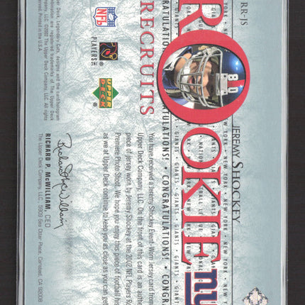 2002 Upper Deck SP Legendary Cuts Rookie Recruits Jeremy Shockey #RR-JS Jersey