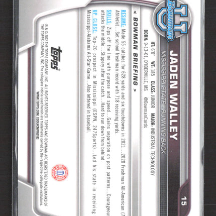 2022 Bowman University Jaden Walley #15 Purple Shimmer Refractor