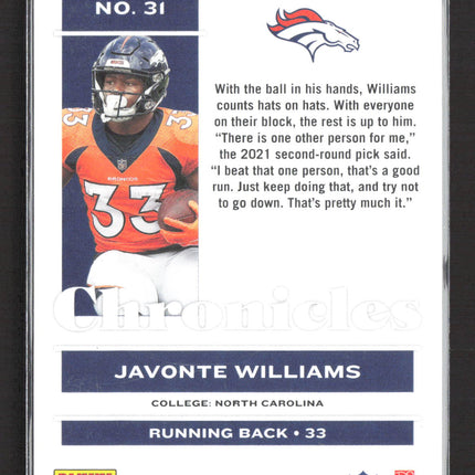2022 Panini Chronicles Javonte Williams #31 RC