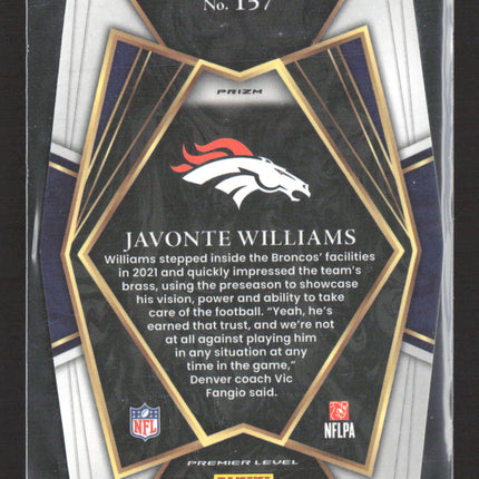 2022 Panini Select Prizm Premier Level Javonte Williams #157 Silver RC