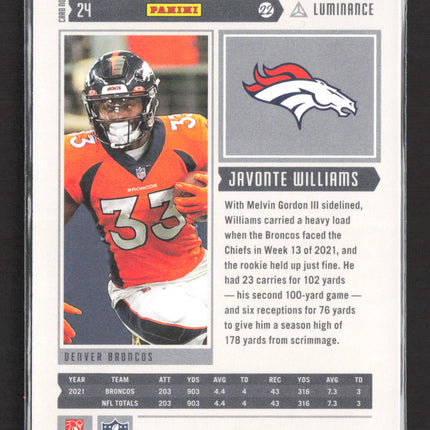 2022 Panini Luminance Javonte Williams #24 Gold /249