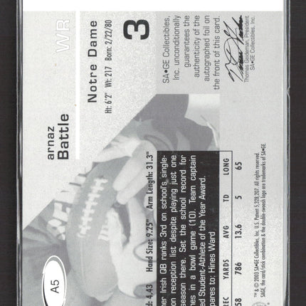 2003 SAGE Authentic Autograph Arnaz Battle #A5 Auto /910