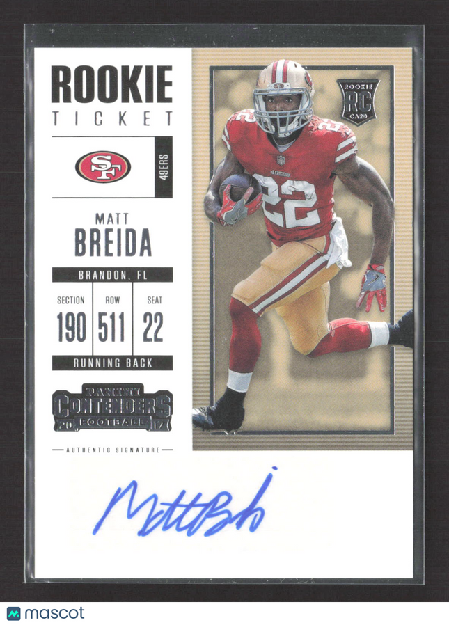 2017 Panini Contenders Football Matt Breida #178 RC Auto
