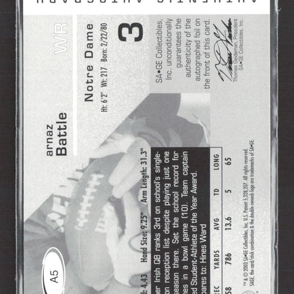 2003 SAGE Authentic Autograph Arnaz Battle #A5 Auto /370