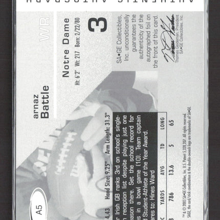 2003 SAGE Authentic Autograph Arnaz Battle #A5 Auto /600