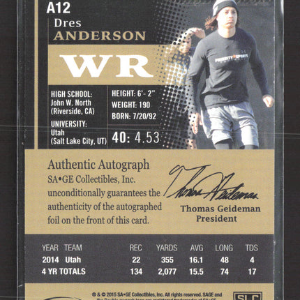 2015 SAGE HIT Dres Anderson #A12 Authentic Autograph Auto