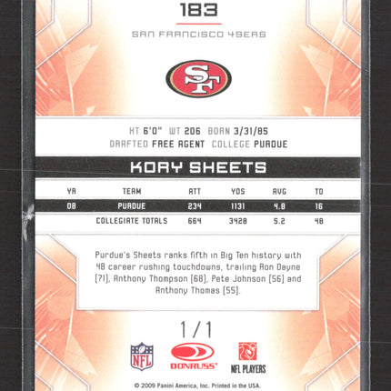2009 Donruss Limited Phenoms Spotlight Kory Sheets #183 Black 1/1