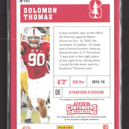 2017 Panini Contenders Draft Picks Solomon Thomas #191 Bowl Ticket RC Auto /99