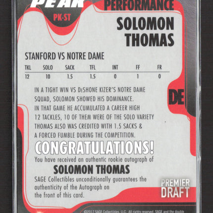 2017 SAGE HIT Peak Performance Premier Draft Solomon Thomas #PK-ST Auto
