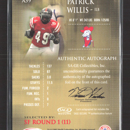 2007 SAGE Hit Gold Level Patrick Willis #A59 197/200 Auto