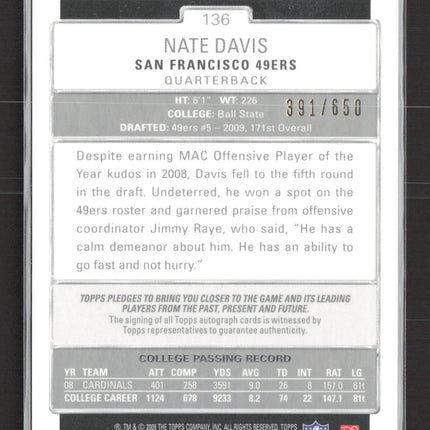 2009 Topps Platinum Nate Davis #136 RC 391/650 Auto