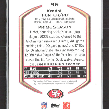 2011 Topps Prime Kendall Hunter #96 020/250 Auto
