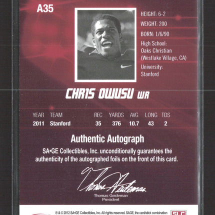 2012 SAGE HIT Chris Owusu #A35 Authentic Auto