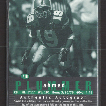 2000 SAGE HIT Ahmed Plummer #A19 Authentic Auto