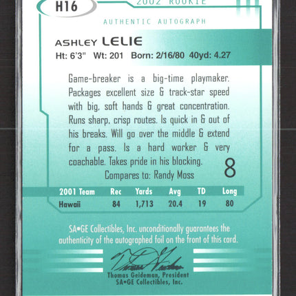 2002 SAGE HIT Ashley Lelie #H16 Auto