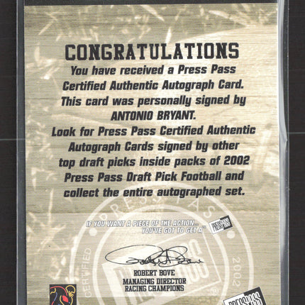 2002 Press Pass Draft Pick Football Antonio Bryant Auto