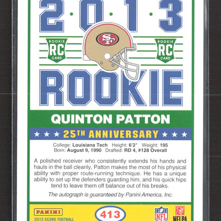 2013 Score Quinton Patton #413 Green RC Auto