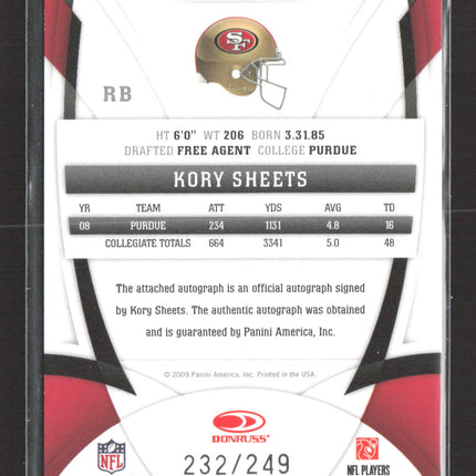 2009 Panini Donruss Certified New Generation Kory Sheets #172 232/249 Auto