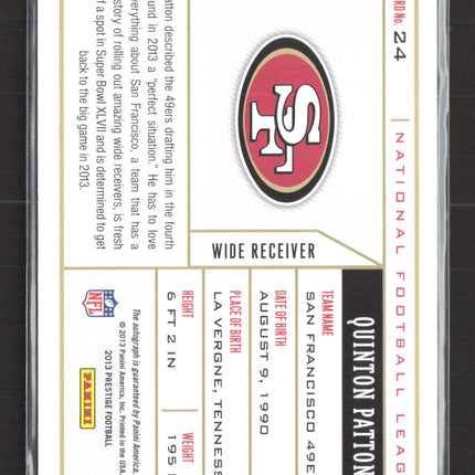 2013 Panini Prestige Draft Tickets Quinton Patton #24 RC Auto