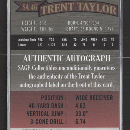 2017 SAGE Hit Trent Taylor #SA 46 3/25 Auto