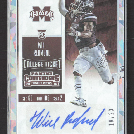 2016 Panini Contenders Draft Picks Will Redmond #215 Cracked Ice 19/23 RC Auto