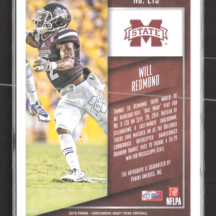 2016 Panini Contenders Draft Picks Will Redmond #215 Cracked Ice 19/23 RC Auto